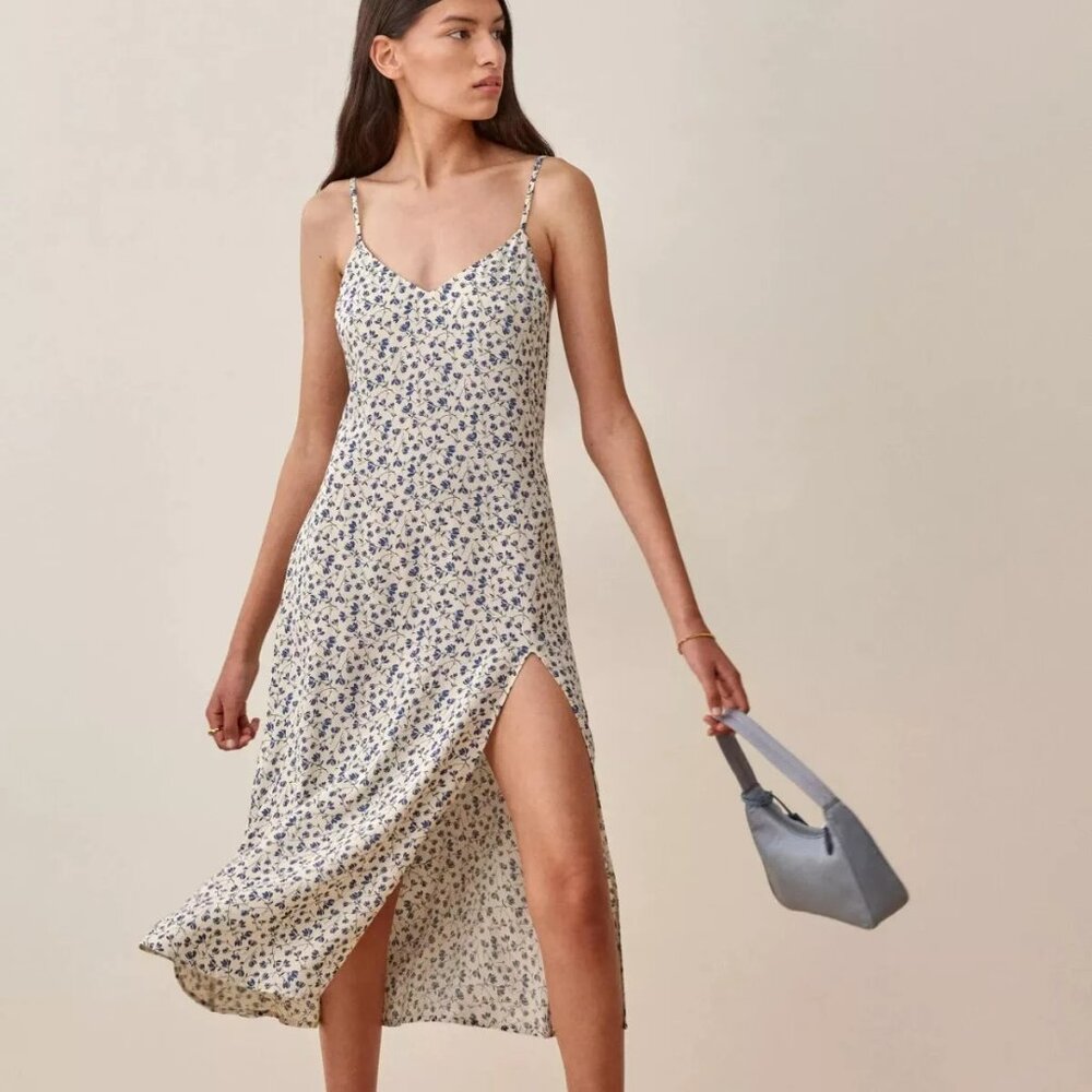 Reformation Sz 12 Lg Crimini Midi Dress Slit Mykonos White Blue Floral Strappy‎